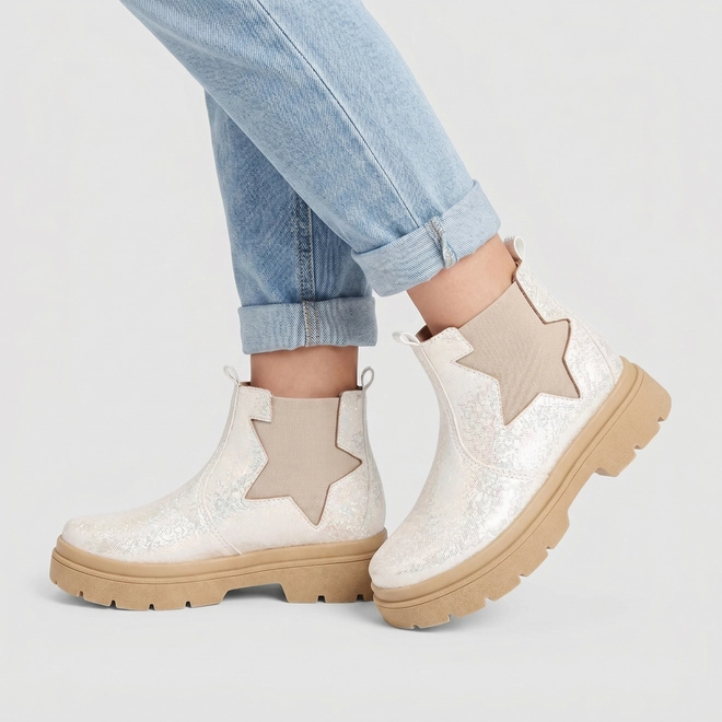 Bota Chelsea Infantil Gabrielinha Recorte Estrela Glitter Branco