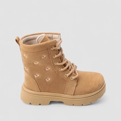 Bota Coturno Infantil Gabrielinha Camurça Bordado Flores Caramelo