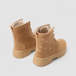 Bota Coturno Infantil Gabrielinha Camurça Bordado Flores Caramelo