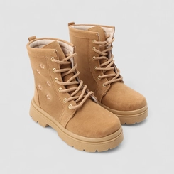 Bota Coturno Infantil Gabrielinha Camurça Bordado Flores Caramelo