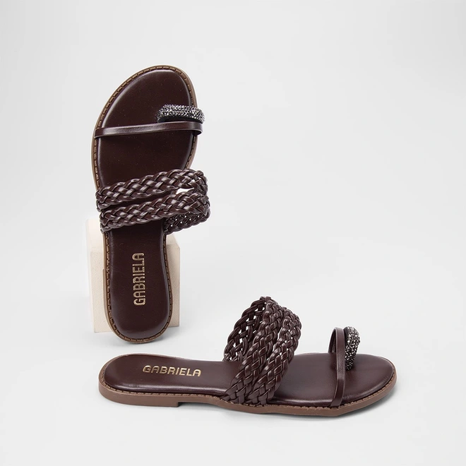 Rasteira Feminina Gabrela Tiras Tressê & Strass Marrom