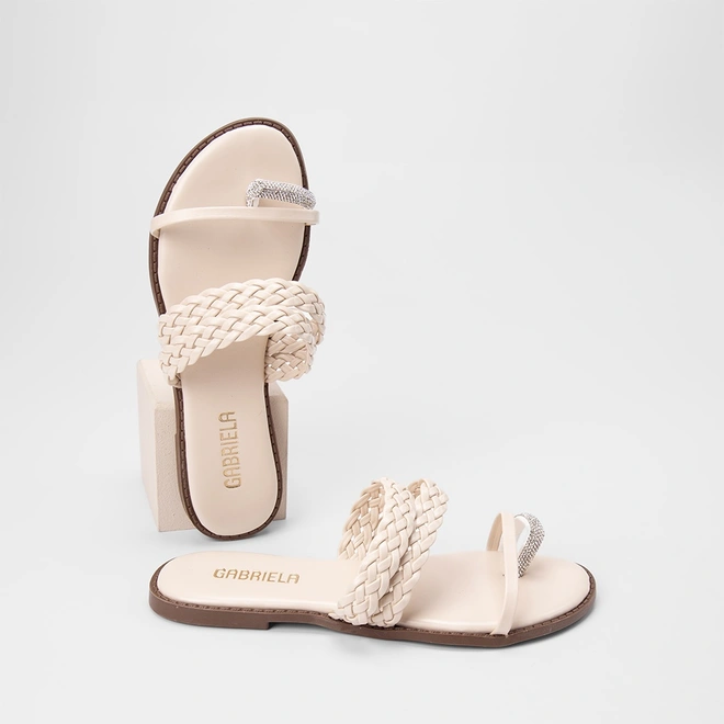 Rasteira Feminina Gabrela Tiras Tressê & Strass Off White