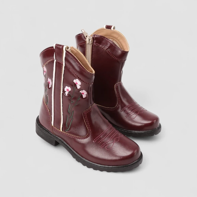 Bota Infantil Gabrielinha Country Texana Bordado Flores Vinho
