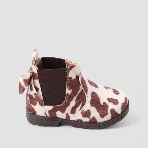 Bota Chelsea Bebê Gabrielinha Animal Print Vaca Detalhe Laço Multicolor