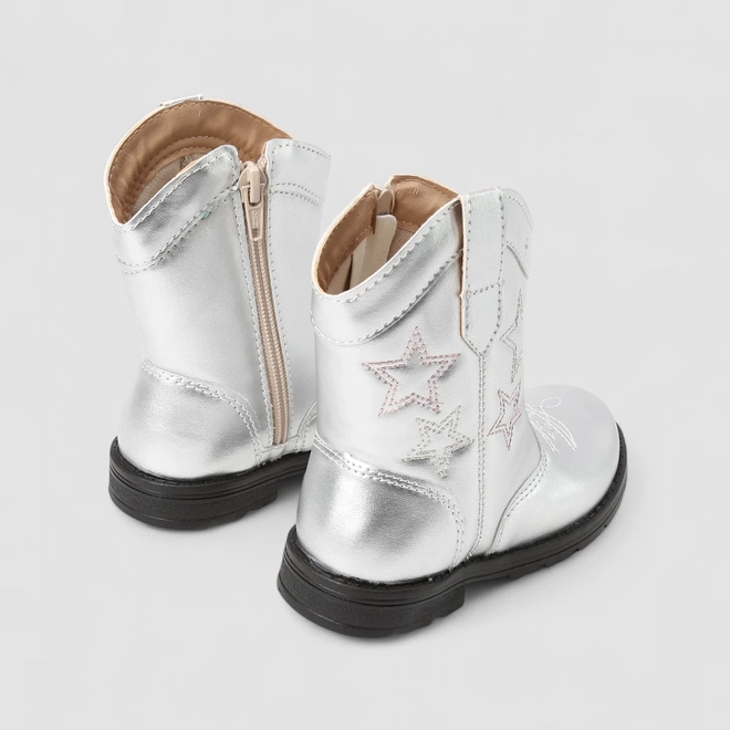Bota Bebê Gabrielinha Country Texana Metalizada Pespontos Estrelas Prata
