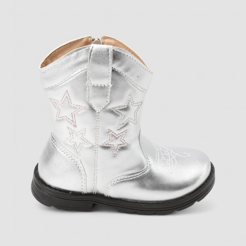 Bota Bebê Gabrielinha Country Texana Metalizada Pespontos Estrelas Prata