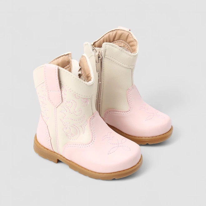 Bota Bebê Gabrielinha Country Texana Pespontos Off White & Rosa