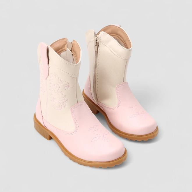 Bota Infantil Gabrielinha Country Texana Pespontos Off White & Rosa