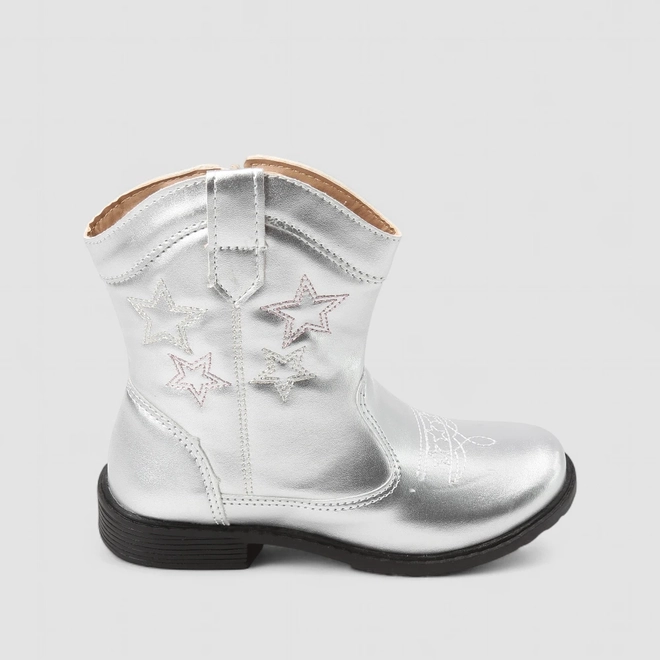 Bota Infantil Gabrielinha Country Texana Metalizada Pespontos Estrelas Prata