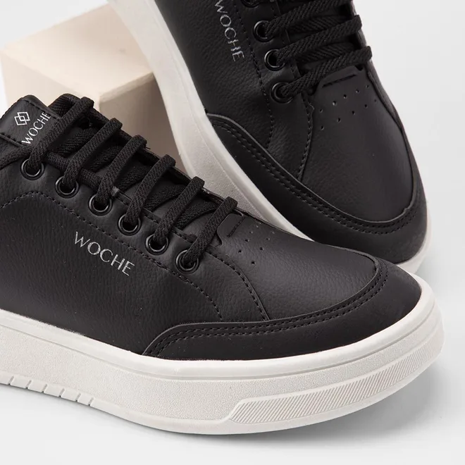 Tênis Casual Masculino Woche Elástico Recorte Camurça Preto