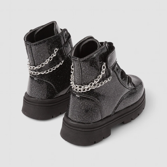 Bota Coturno Infantil Menina Gabrielinha Corrente Glitter Preta