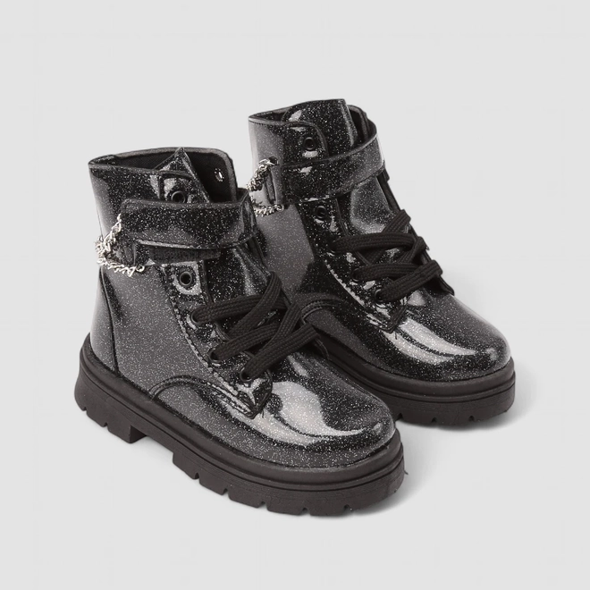 Bota Coturno Infantil Menina Gabrielinha Corrente Glitter Preta