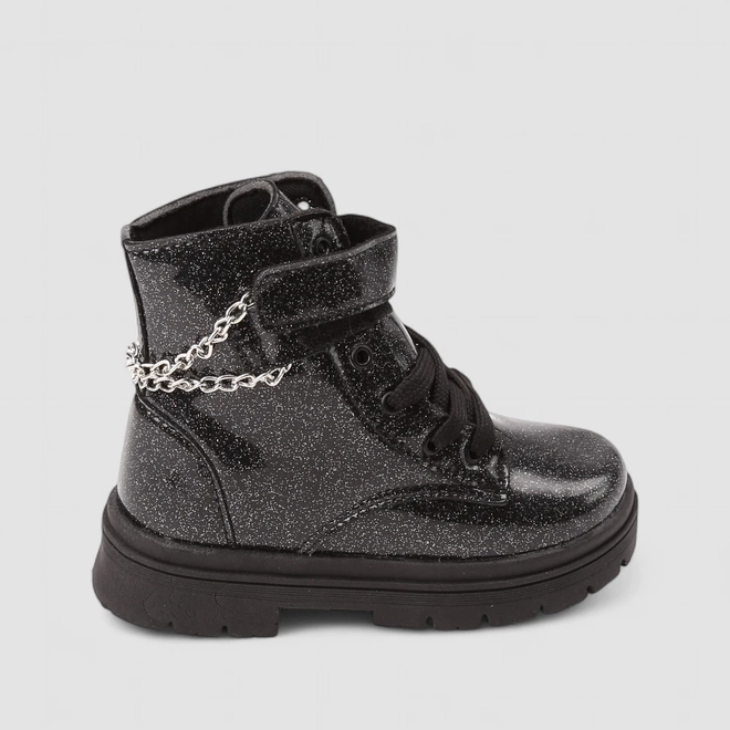 Bota Coturno Infantil Menina Gabrielinha Corrente Glitter Preta