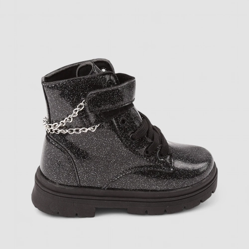 Bota Coturno Infantil Menina Gabrielinha Corrente Glitter Preta