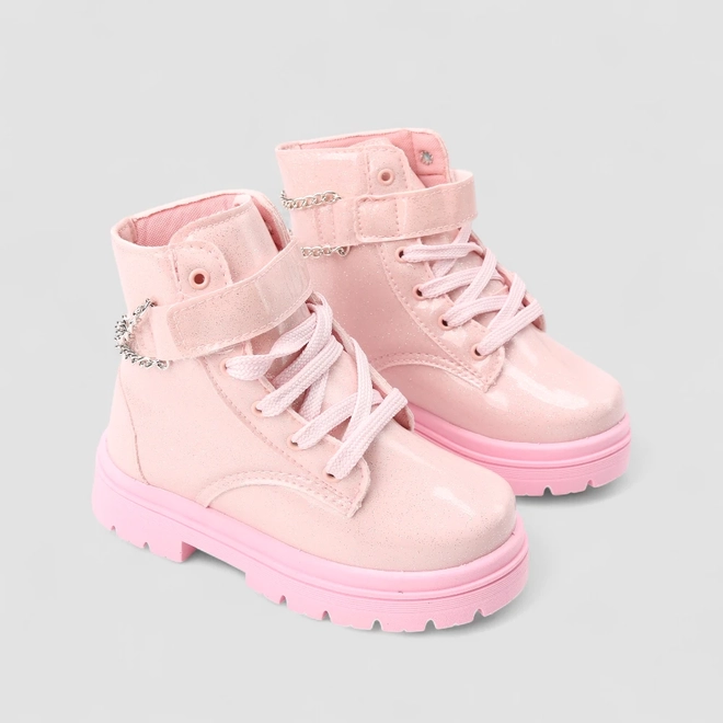 Bota Coturno Infantil Gabrielinha Tira Contato Com Correntes Glitter Rosa