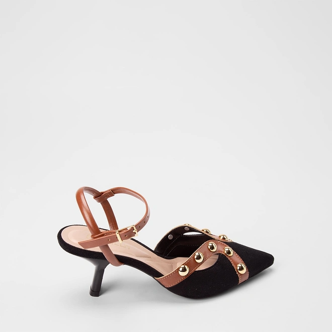 Scarpin Slingback Feminina Gabriela Recorte Vazado Detalhe Esferas Preto