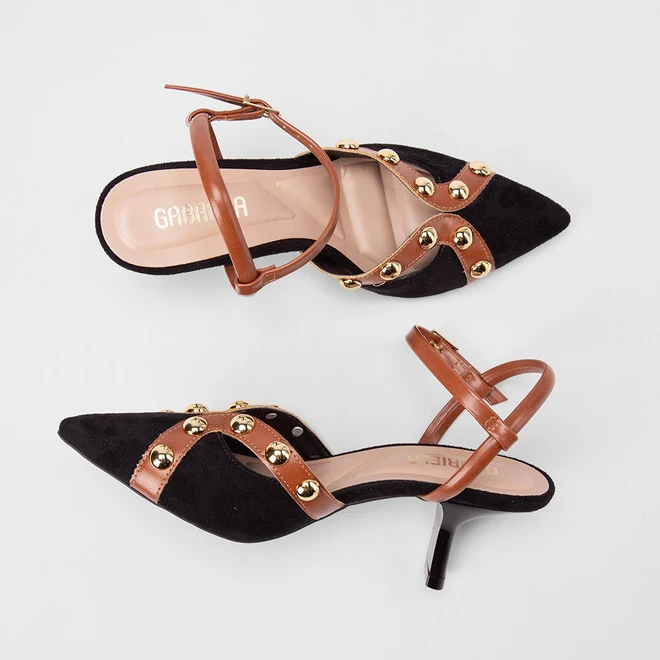 Scarpin Slingback Feminina Gabriela Recorte Vazado Detalhe Esferas Preto