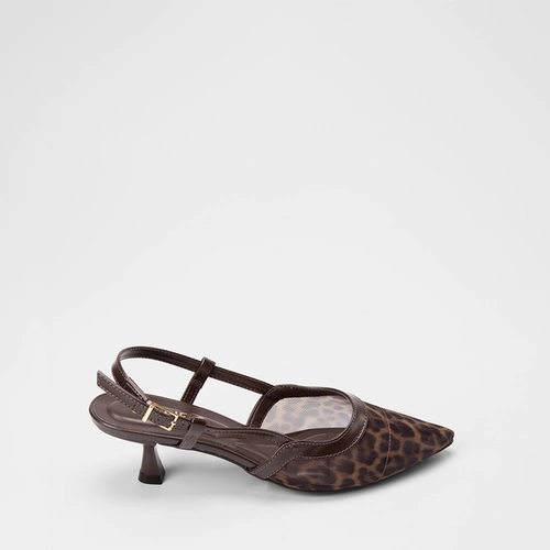 Scarpin Slingback Feminino Gabriela Animal Print Onça Tela Marrom