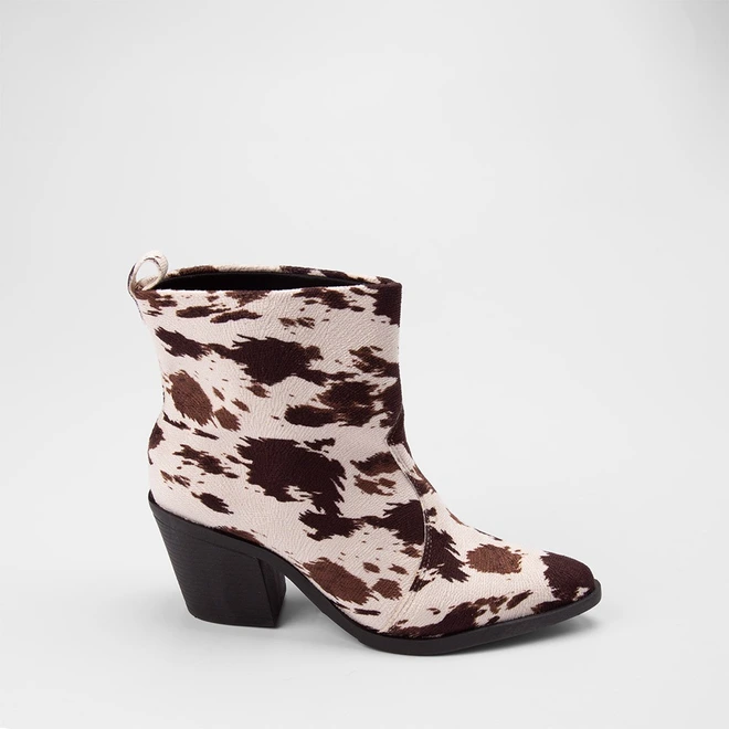 Ankle Boot Feminina Gabriela Country Texana Animal Print Vaca Bege