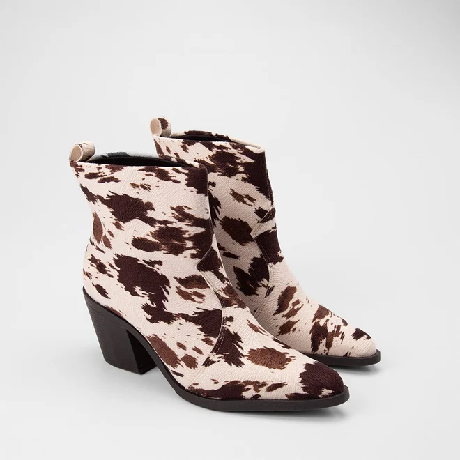 Ankle Boot Feminina Gabriela Country Texana Animal Print Vaca Bege