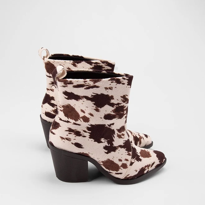 Ankle Boot Feminina Gabriela Country Texana Animal Print Vaca Bege