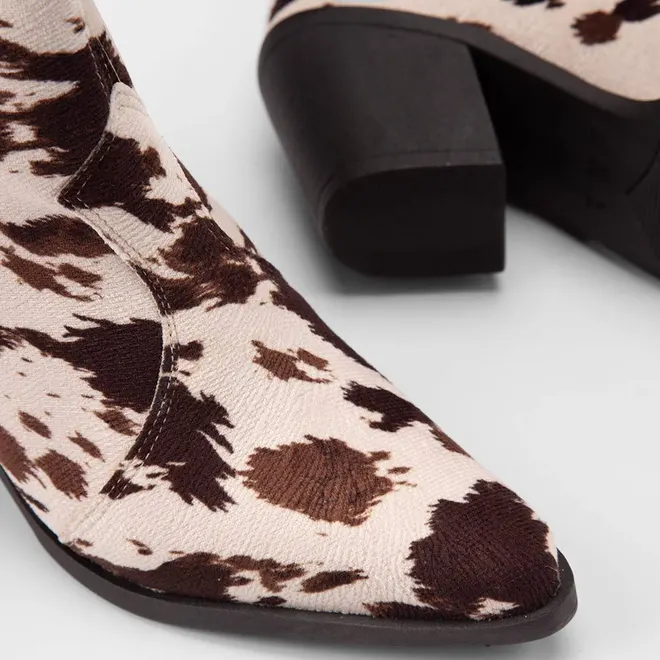 Ankle Boot Feminina Gabriela Country Texana Animal Print Vaca Bege