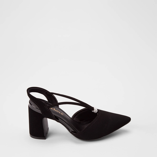 Scarpin Slingback Feminino Bebecê Salto Bloco Alto Detalhe Metalizado Nobuck Preto