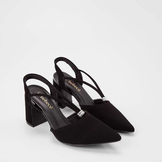Scarpin Slingback Feminino Bebecê Salto Bloco Alto Detalhe Metalizado Nobuck Preto