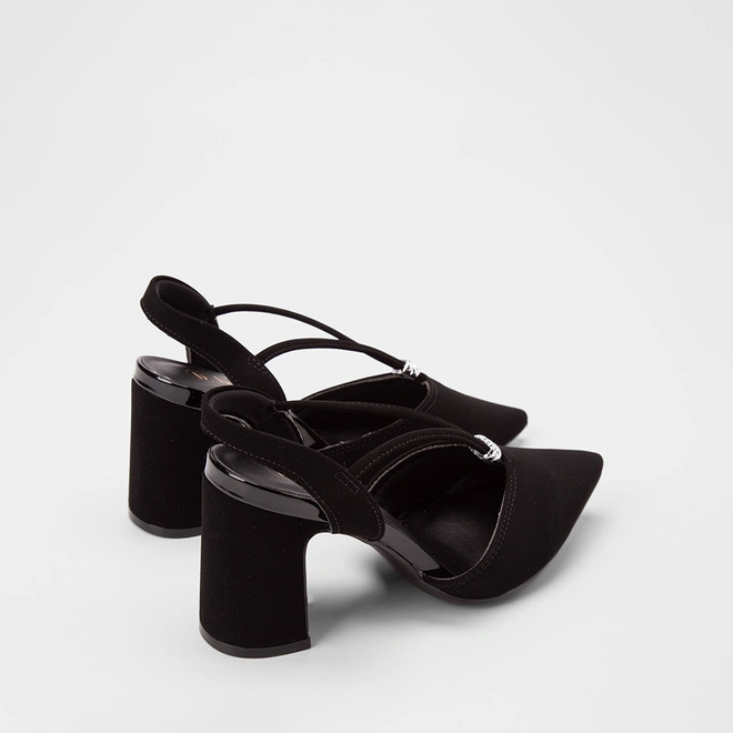 Scarpin Slingback Feminino Bebecê Salto Bloco Alto Detalhe Metalizado Nobuck Preto