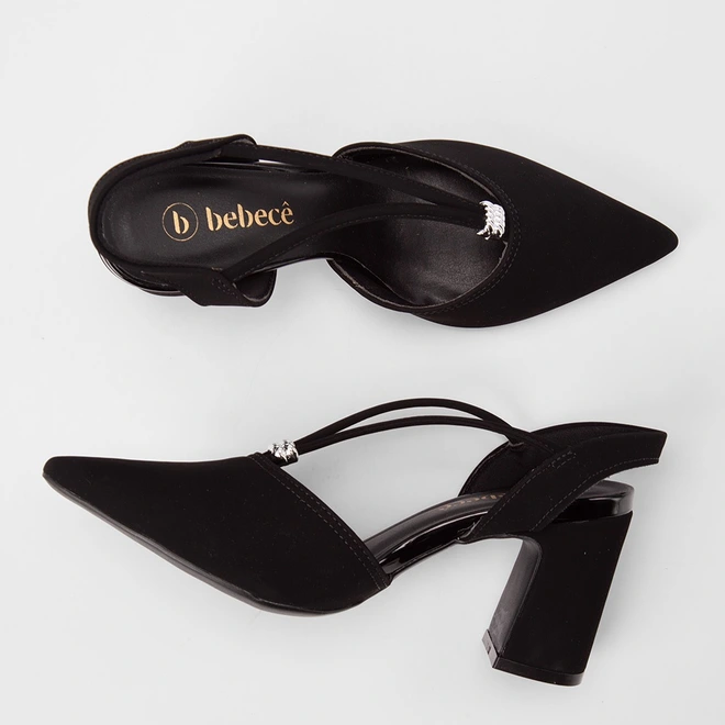 Scarpin Slingback Feminino Bebecê Salto Bloco Alto Detalhe Metalizado Nobuck Preto