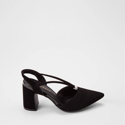 Scarpin Slingback Feminino Bebecê Salto Bloco Alto Detalhe Metalizado Nobuck Preto