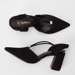Scarpin Slingback Feminino Bebecê Salto Bloco Alto Detalhe Metalizado Nobuck Preto