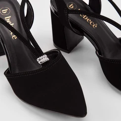 Scarpin Slingback Feminino Bebecê Salto Bloco Alto Detalhe Metalizado Nobuck Preto