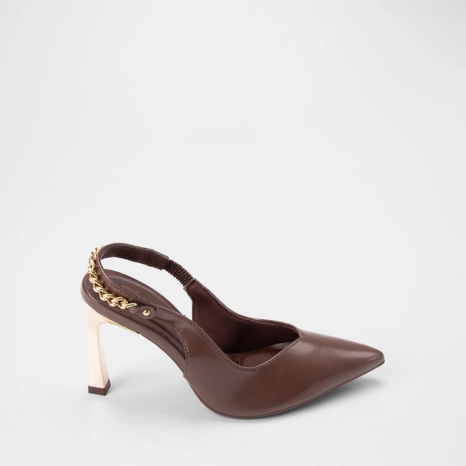 Scarpin Slingback Feminino Bebecê Salto Alto Detalhe Corrente Marrom