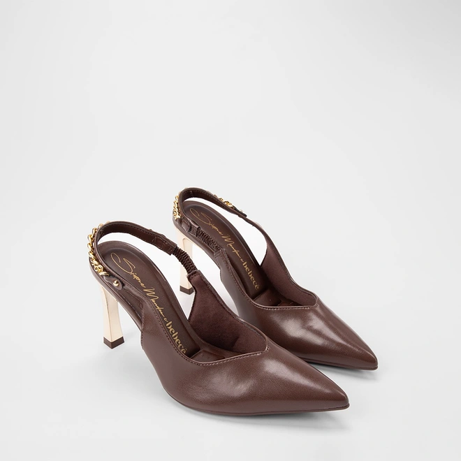 Scarpin Slingback Feminino Bebecê Salto Alto Detalhe Corrente Marrom