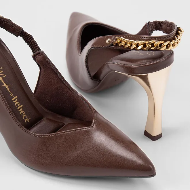 Scarpin Slingback Feminino Bebecê Salto Alto Detalhe Corrente Marrom