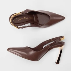Scarpin Slingback Feminino Bebecê Salto Alto Detalhe Corrente Marrom