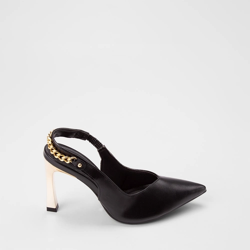 Scarpin Slingback Feminino Bebecê Salto Alto Detalhe Corrente Preto