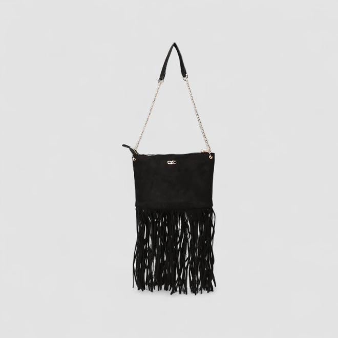 Bolsa de Ombro Gabriela Pequena Detalhe Franjas & Esferas Preta