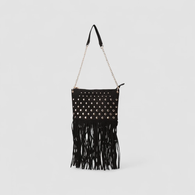 Bolsa de Ombro Gabriela Pequena Detalhe Franjas & Esferas Preta