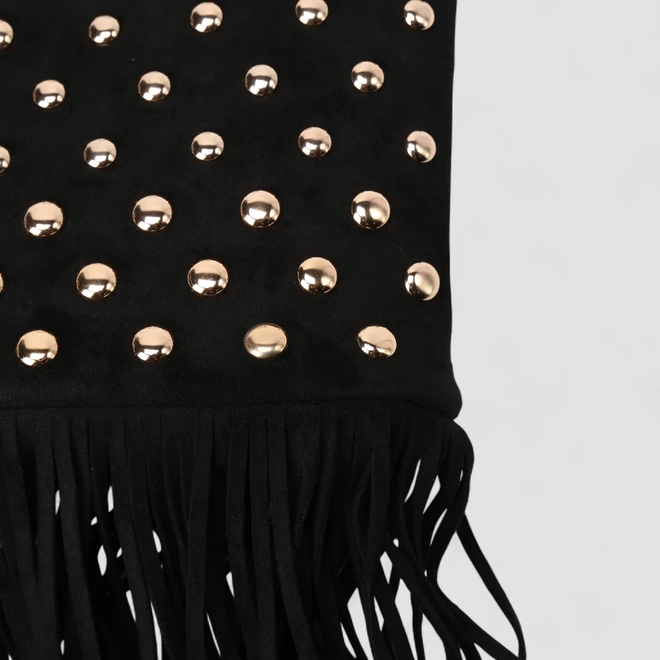 Bolsa de Ombro Gabriela Pequena Detalhe Franjas & Esferas Preta