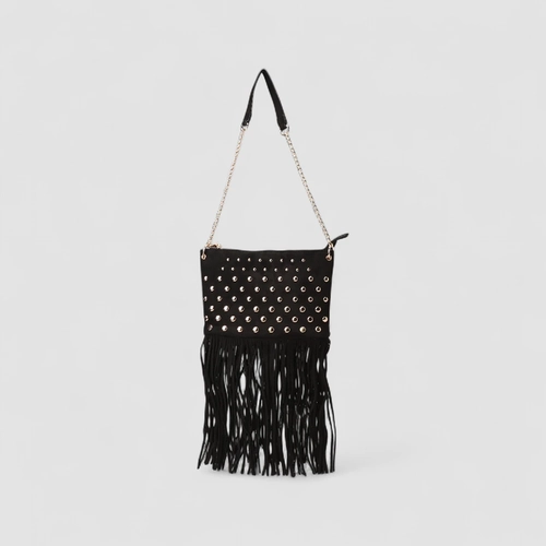 Bolsa de Ombro Gabriela Pequena Detalhe Franjas & Esferas Preta