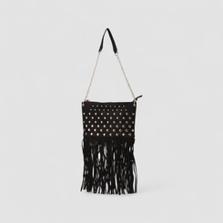 Bolsa de Ombro Gabriela Pequena Detalhe Franjas & Esferas Preta