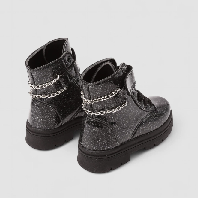 Bota Coturno Infantil Gabrielinha Tira Contato Com Correntes Glitter Preto