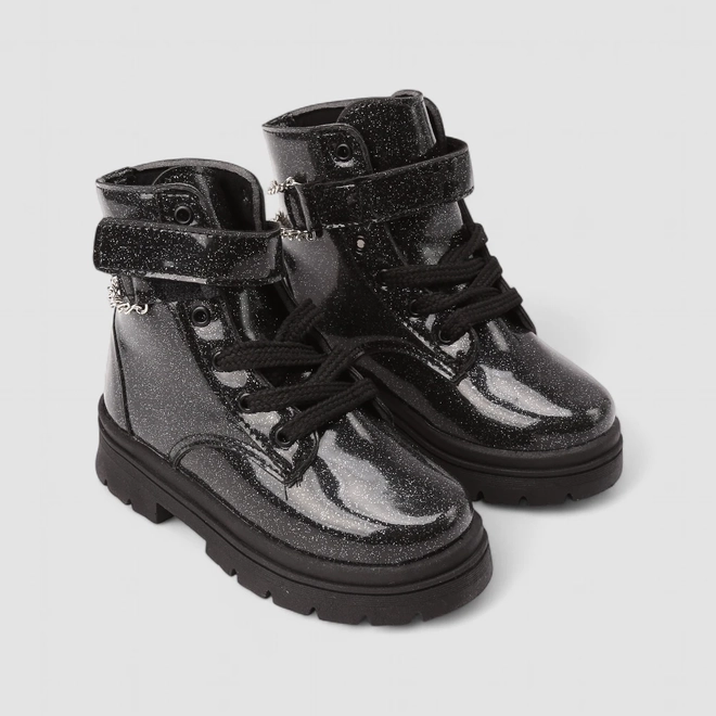 Bota Coturno Infantil Gabrielinha Tira Contato Com Correntes Glitter Preto