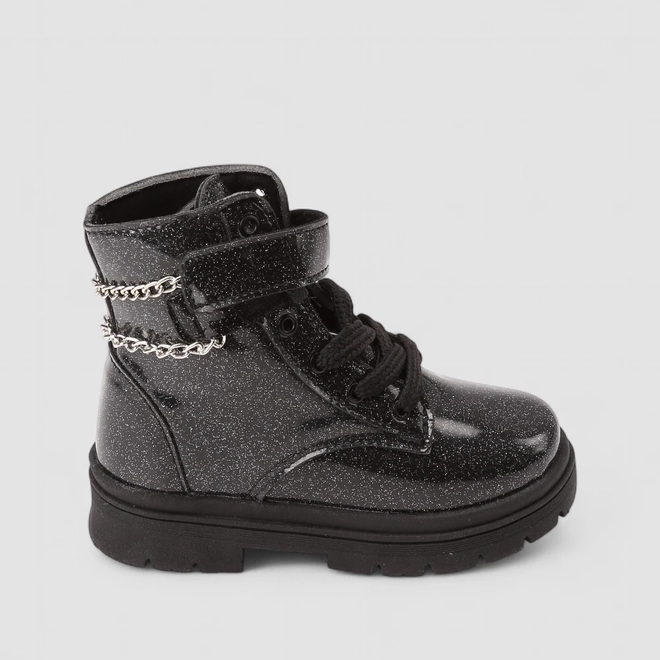 Bota Coturno Infantil Gabrielinha Tira Contato Com Correntes Glitter Preto