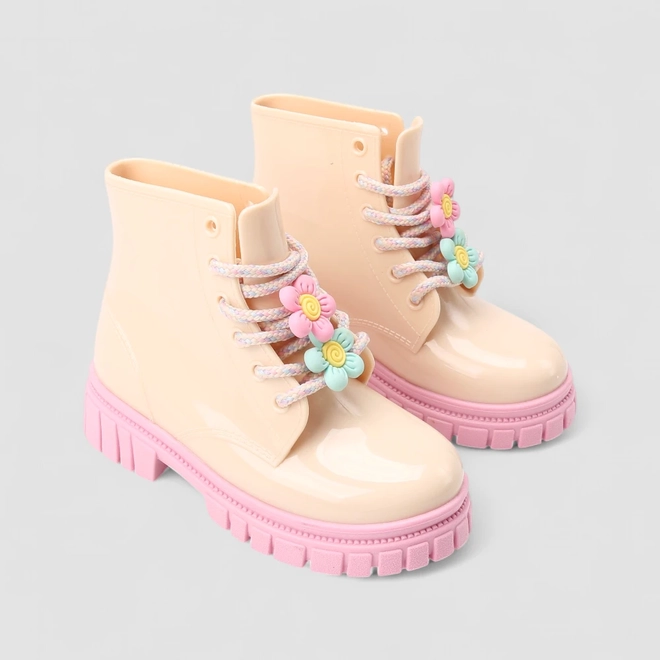 Bota Coturno Infantil Gabrielinha Enfeite Flores Creme