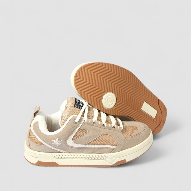 Tênis Casual Masculino Nesk Mesh Recorte Camurça Bege