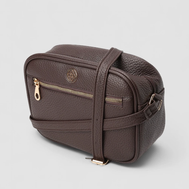 Bolsa Camera Bag Penélope Pequena Transversal Texturizada Marrom