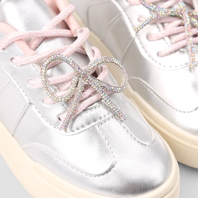 Tênis Casual Feminino Gabrielinha Metalizado Laço Strass Prata